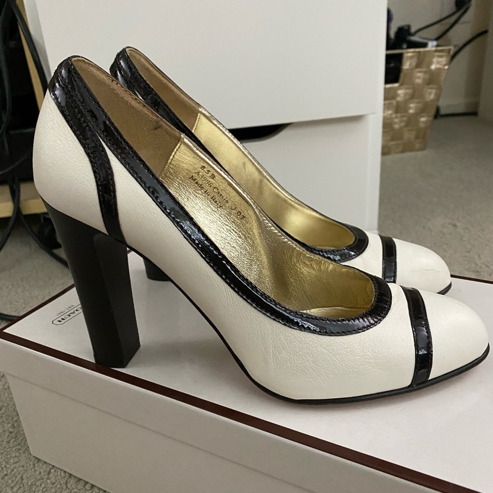 Coach White and Black Leather Block Heel Pumps